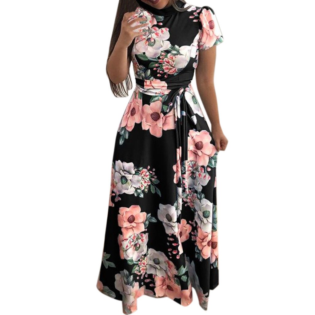 Women Maxi Dresses Summer Sweet Vintage Black Elegant Aline Floral Pri ...