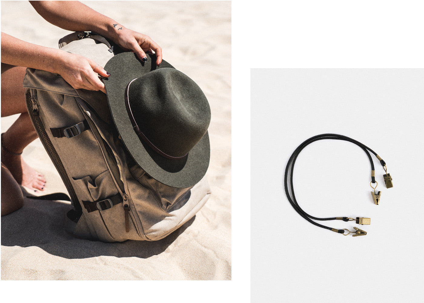 alt='female traveller attaches Will & Bear hat onto backpack with Will & Bear Carry Clips'