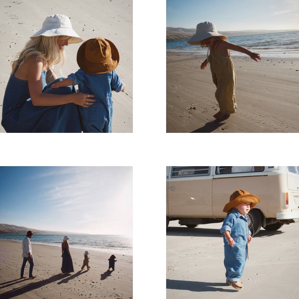 Family at the beach wearing bucket hats