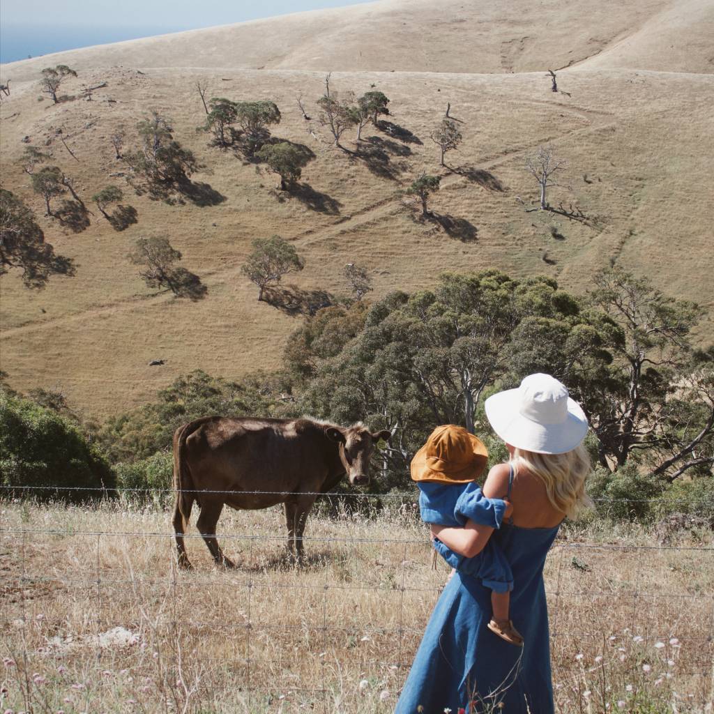 A young woman and her son are wearing bucket hats and standing in a grassy field while looking at a small horse in front of them