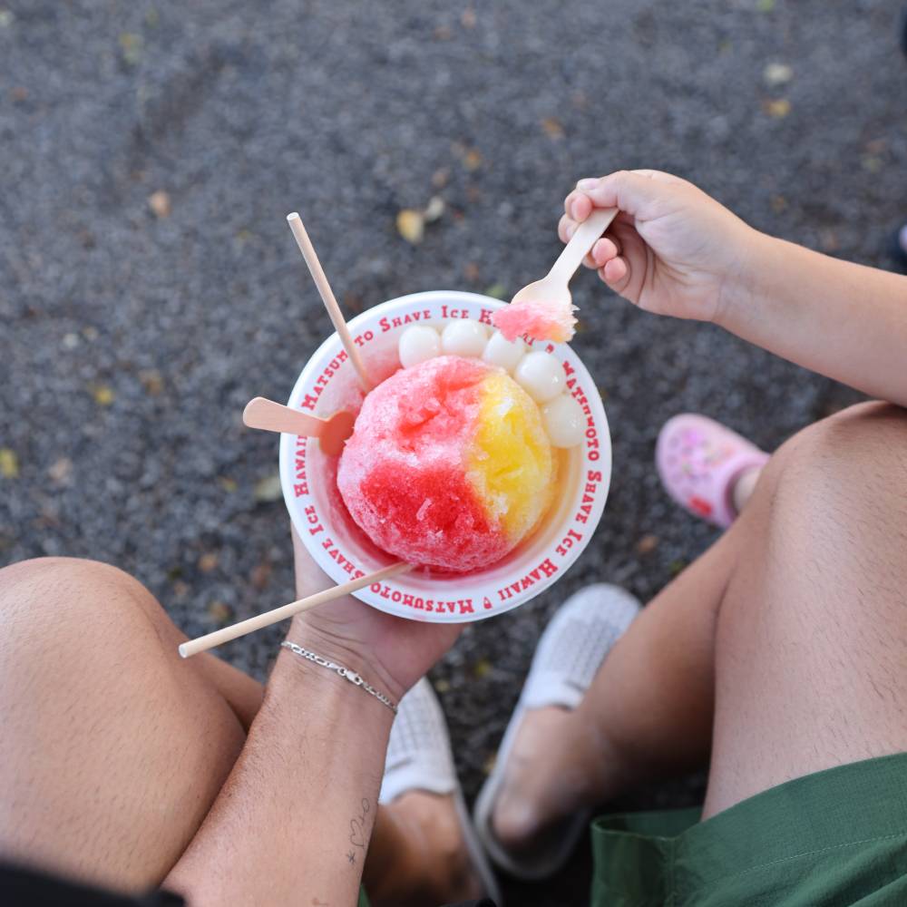 Overhead photo of a snow cone from Matsumoto Shave Ice in Hawaii