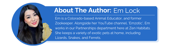 About the author, Em Lock Em is a Colorado-based Animal Educator, and former Zookeeper. Alongside her YouTube channel, 'Emzotic', Em works in our Partnerships department here at Zen Habitats. She keeps a variety of exotic pets at home, including Lizards, Snakes, and Ferrets.