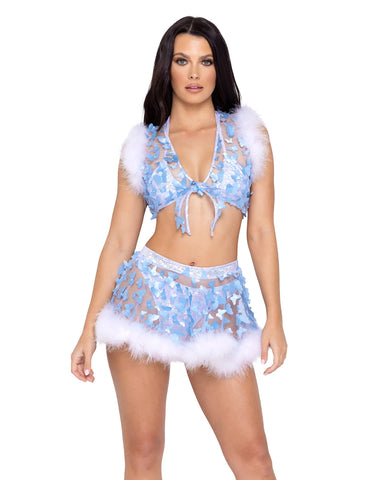 blue white silver cloud print crop top and marabou trim skirt