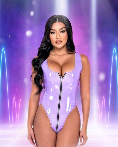 purple vinyl rave bodysuit