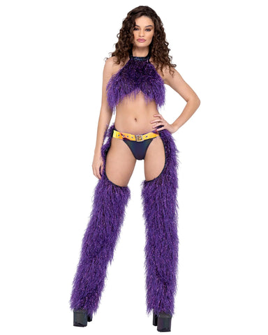 belted chaps with fur in purple