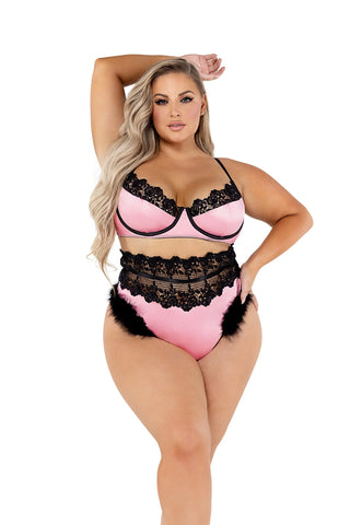 plus size bralette and boy short lingerie set in black and pink