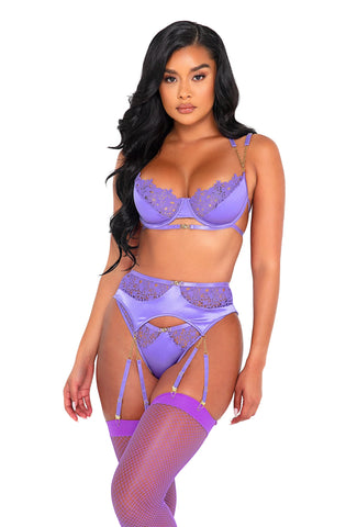 Purple Embroidery Bikini Top and Bottom Set