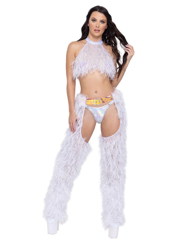 Faux-Fur Cropped Halter Neck Top in White