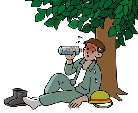 Illustration of a man experiencing heat exhaustion. Man is sitting under a tree, appears concerned, his face is read, he is visibly sweating, an drinking a bottle of water. His shoes and a helmet have been removed and are sitting on the ground next to him.