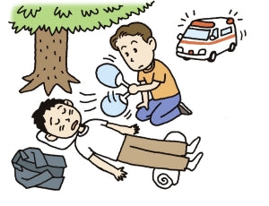 Illustration of a man experiencing a heat stroke while his friend fans him. The ill man is unconscious. His long-sleeve shirt has been removed, his legs are elevated with a rolled up towel, and he is under a tree.  An ambulance can be seen in the background driving toward the two men.