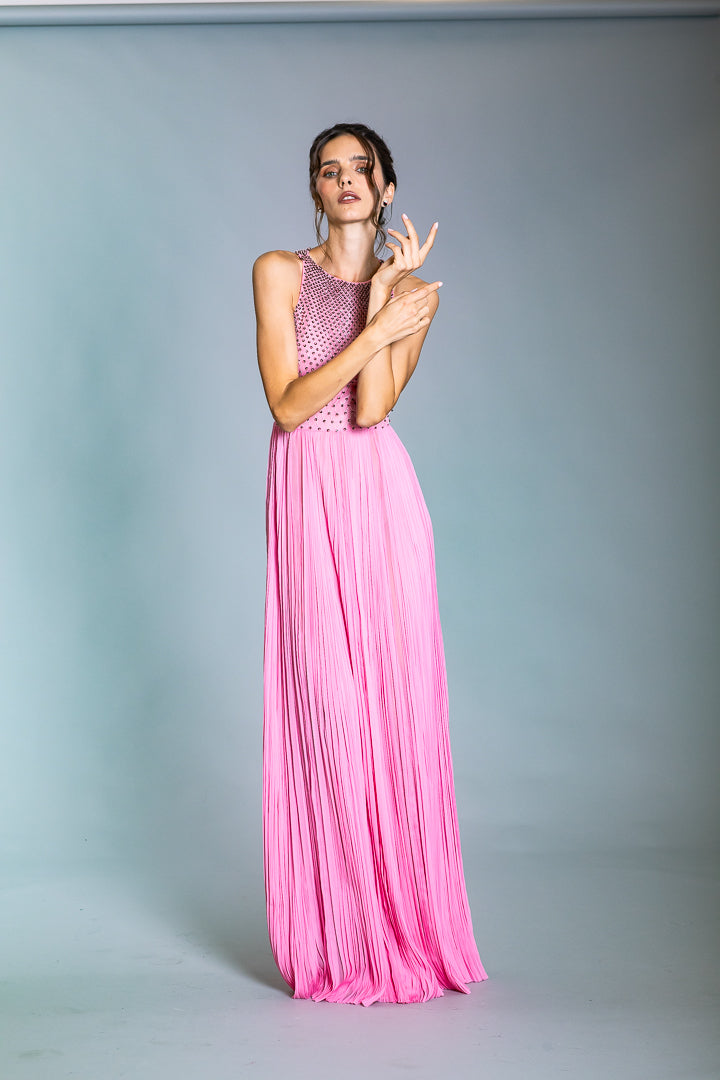 PRISM PINK SLEEVELESS EMBROIDERY  PLEATED GOWN - J Mendel product image