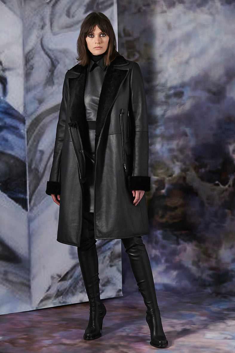 Black  Collared Leather Shearling Coat