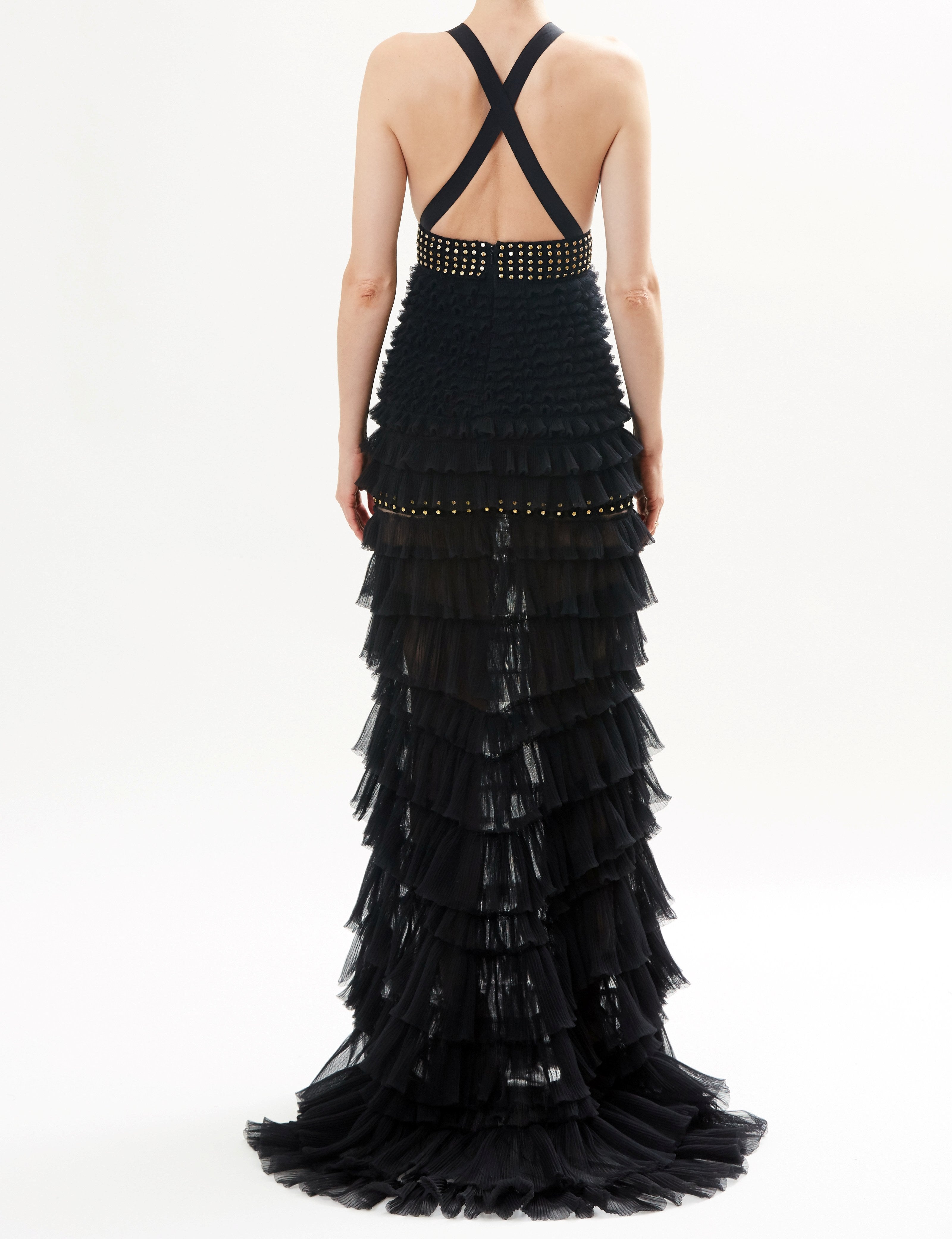Black Tiered Tulle Gown With Criss Cross Back And Embroidered Detail