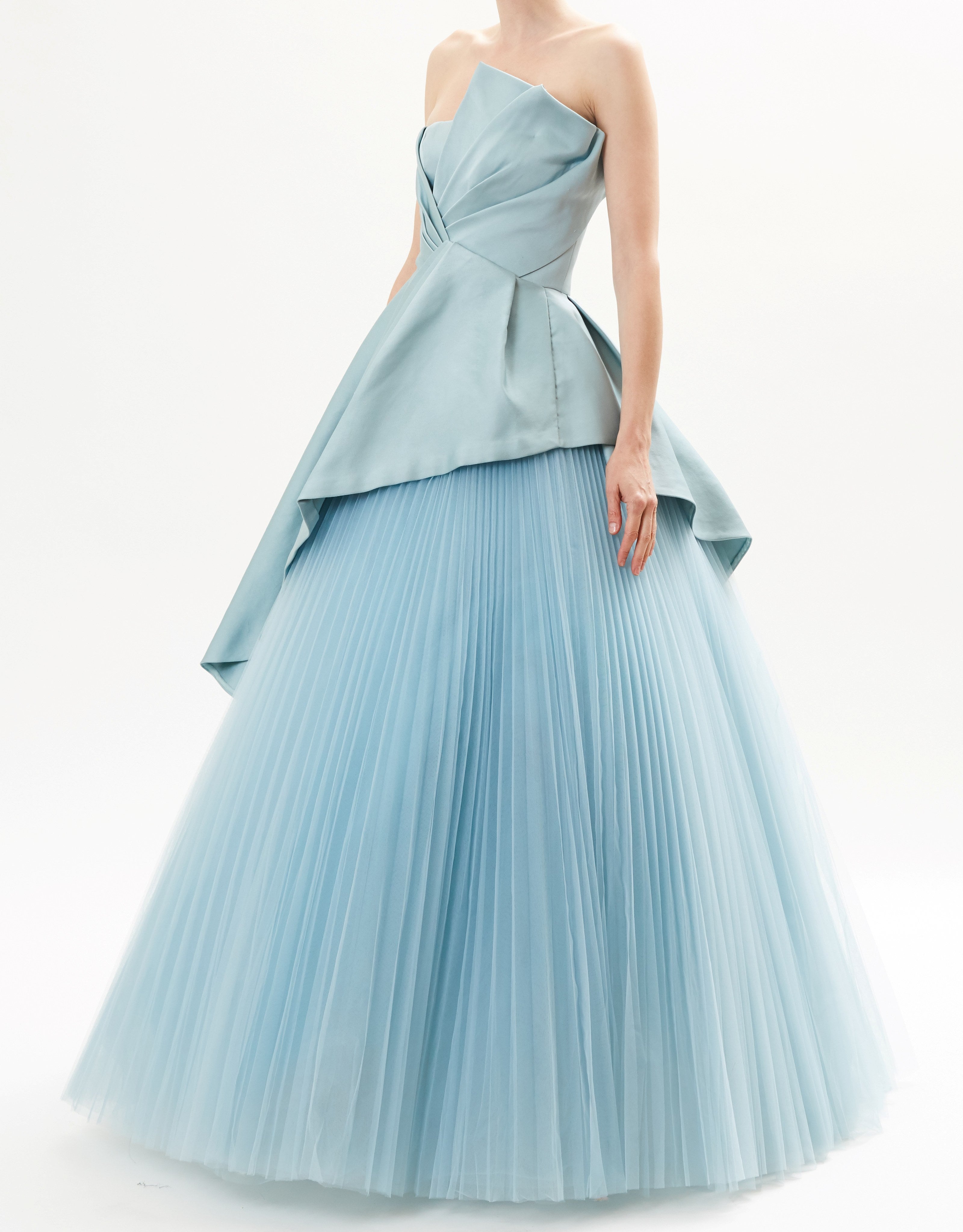 Mist Pointed Satin Bustier Top With Pleated Tulle Skirt