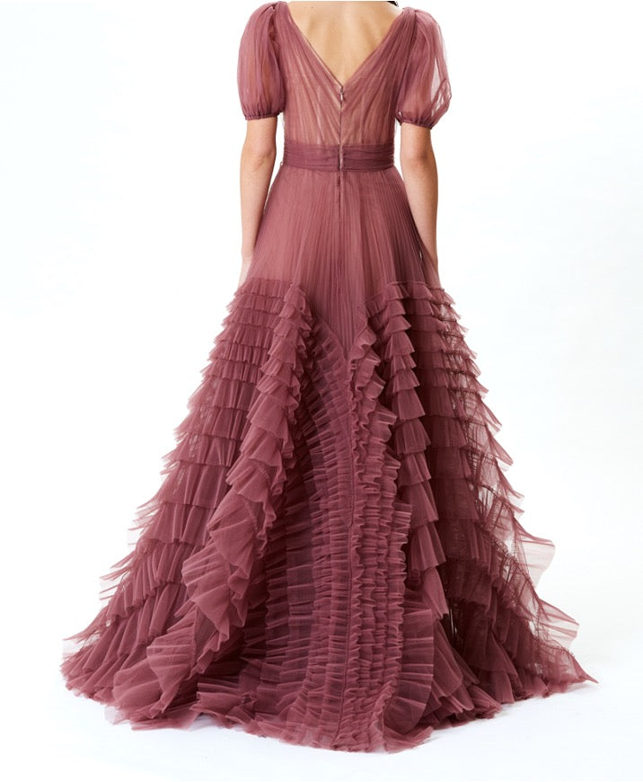 Rose Tulle Deep-V Gown With Ruffle Detail