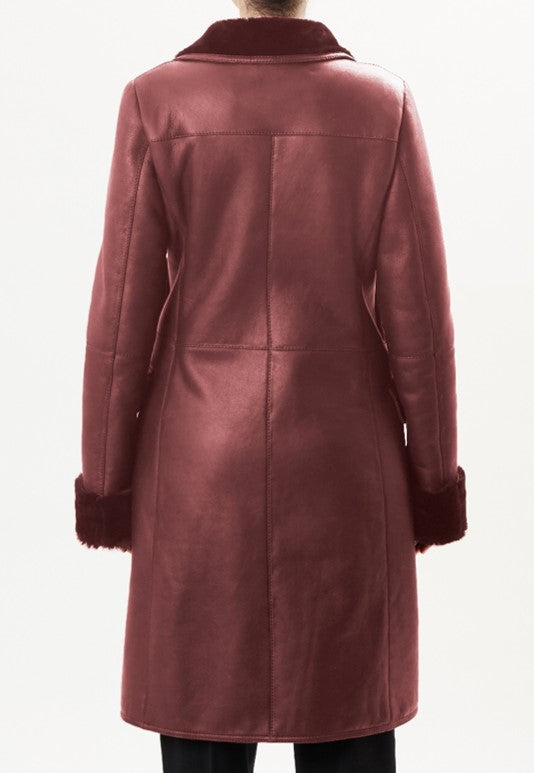 Maroon Collared Leather Shearling Coat