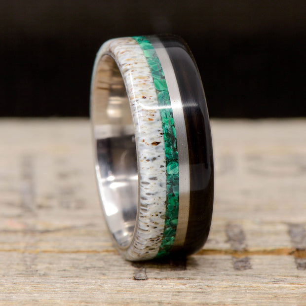 Mens Buffalo Tusk, Metal, Malachite, & Antler Ring – Stone Forge Studios