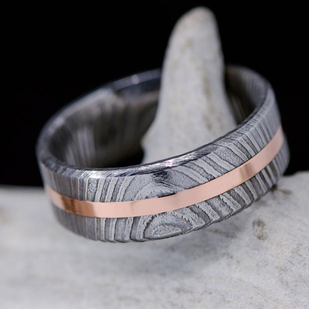 Rose Gold in Polished Damascus Steel 8mm