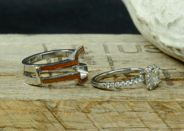 Cushion Moissanite Halo Ring with Diamond Accents and Koa Wood Ring Guard