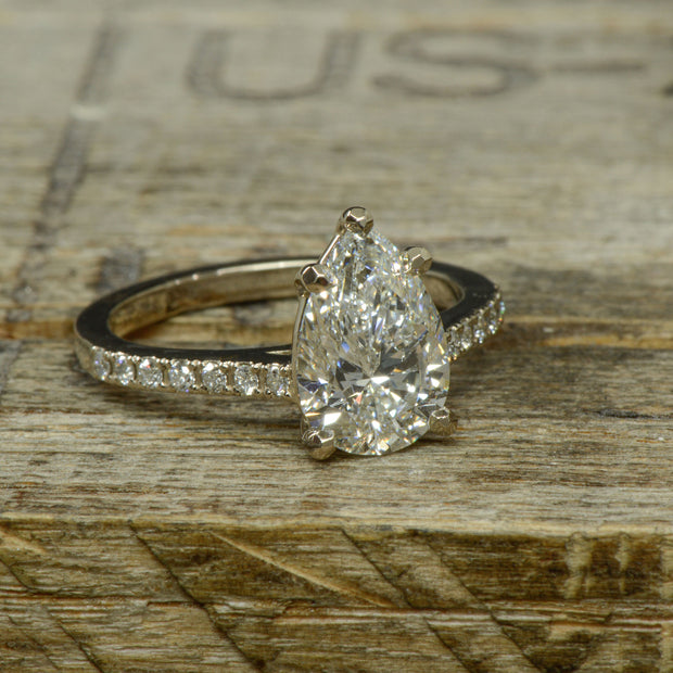 White Gold, Large Pear Moissanite, Cathedral Solitaire Ring