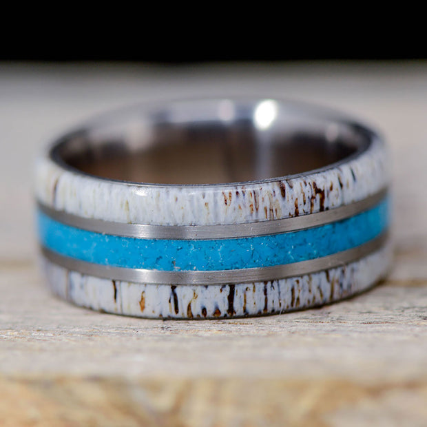 Mens Antler Turquoise, & Metal Pinstripes Ring – Stone Forge Studios