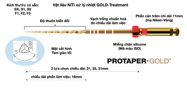 Thông số trâm xoay NiTi xử lý nhiệt Protaper Gold Dentsply Sirona - 49P