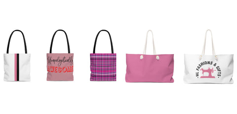 Striped, Unapologetically Awesome, Pink and Purple Plaid, Hot Pink, and HLF Bags