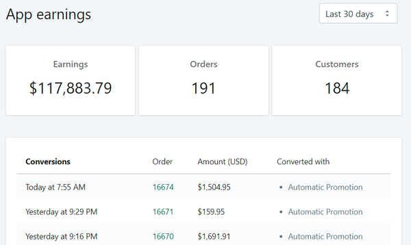 Earnings - Order conversion with the Automatic Discounts & Gifts app for Shopify