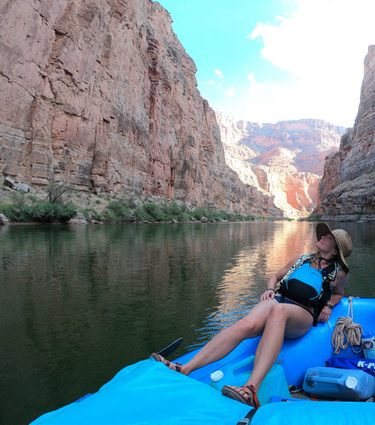 Keitha on the Grand Canyon, wearing up-cycled rubber lace adventure jewelry created by ABD culture.