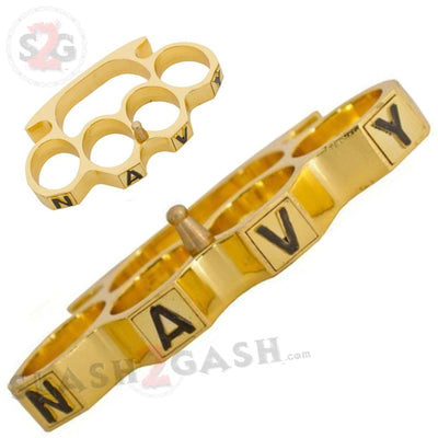 Navy Brass Knuckles Belt Buckle Paperweight - Shiny Gold, Slash2Gash