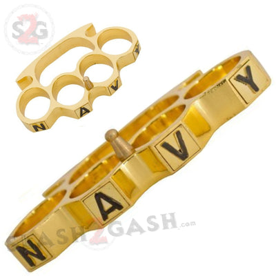 Navy Brass Knuckles Belt Buckle Paperweight - Shiny Gold