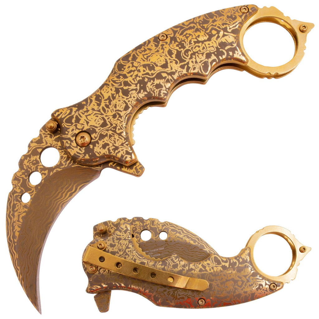 Etched Damascus Karambit Knife Spring Assisted Folder - 5 Colors