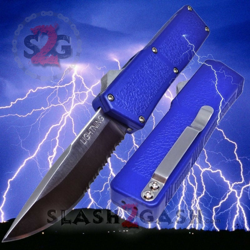 Lightning OTF Dual Action Blue Automatic Knife - Satin Serrated – Slash2Gash