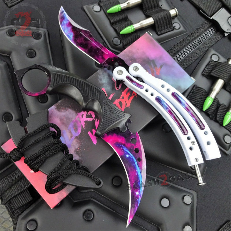 White Galaxy 2pc Set CSGO Butterfly Knife + Elite Karambit SAVE $10, Slash2Gash