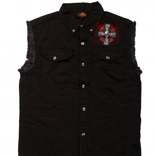 Hot Leathers Celtic Cross Black Sleeveless Denim Button Up Biker Shirt ...