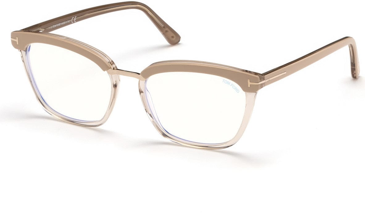 Tom Ford FT5550-F-B Geometric Eyeglasses 072-072 - Shiny & Transp. Antique Pink, Rose Gold Details/ Blue Block Lenses
