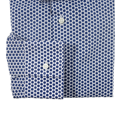 navy blue dress shirt with white polka dots