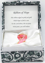 Ribbon edged gold Pink Ribbon of Hope Mini Figurine Glass Keepsakes Gift with Prayer in Fancy Design Silk Box
