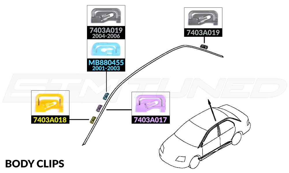 7403A017 7403A018 7403A019 MB880455 Evo 7/8/9 Drip Moulding Body Clips