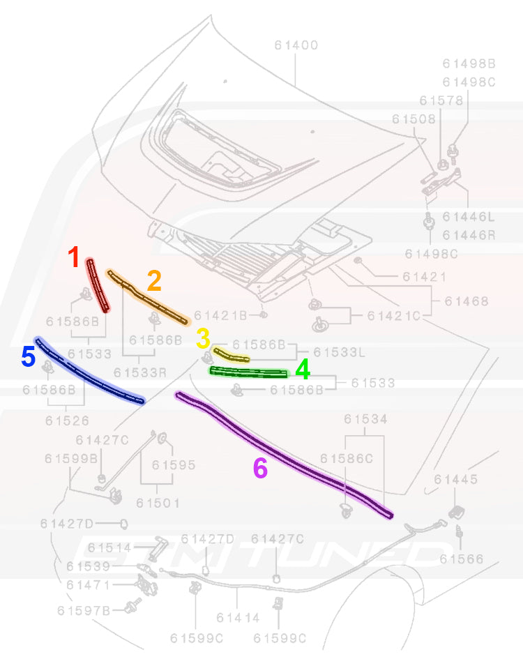 Evo 8/9 Hood Weather Strip Diagram