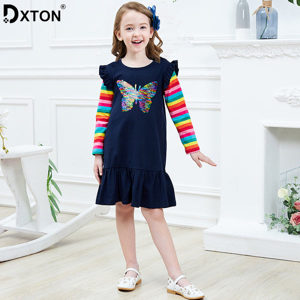 Long Sleeve Girls Dress 2019 Winter Children Costume Sequin Butterfly Striped Casual Dresses Christmas Baby Girls Clothes