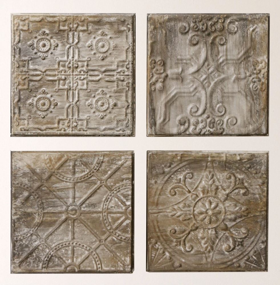 Set Of 4 Antique Inspired Metal Ceiling Tiles