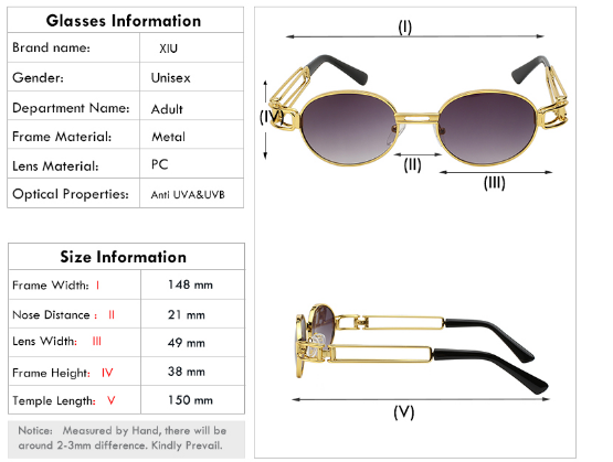 Sunglasses Dimensions Chart
