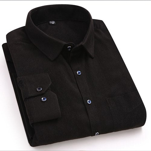 New Fashion Solid Men's Corduroy Dress Shirts Collar Embroidery Long S ...