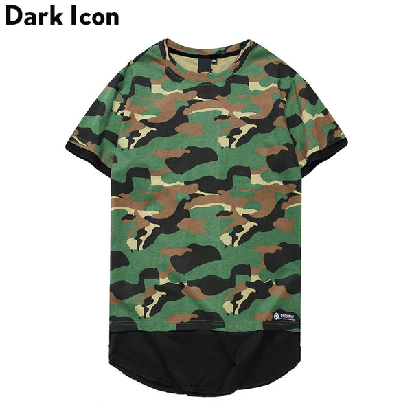 Patchwork Curved Hem Camouflage Elongated Hip Hop T Shirt Summer Crew ...