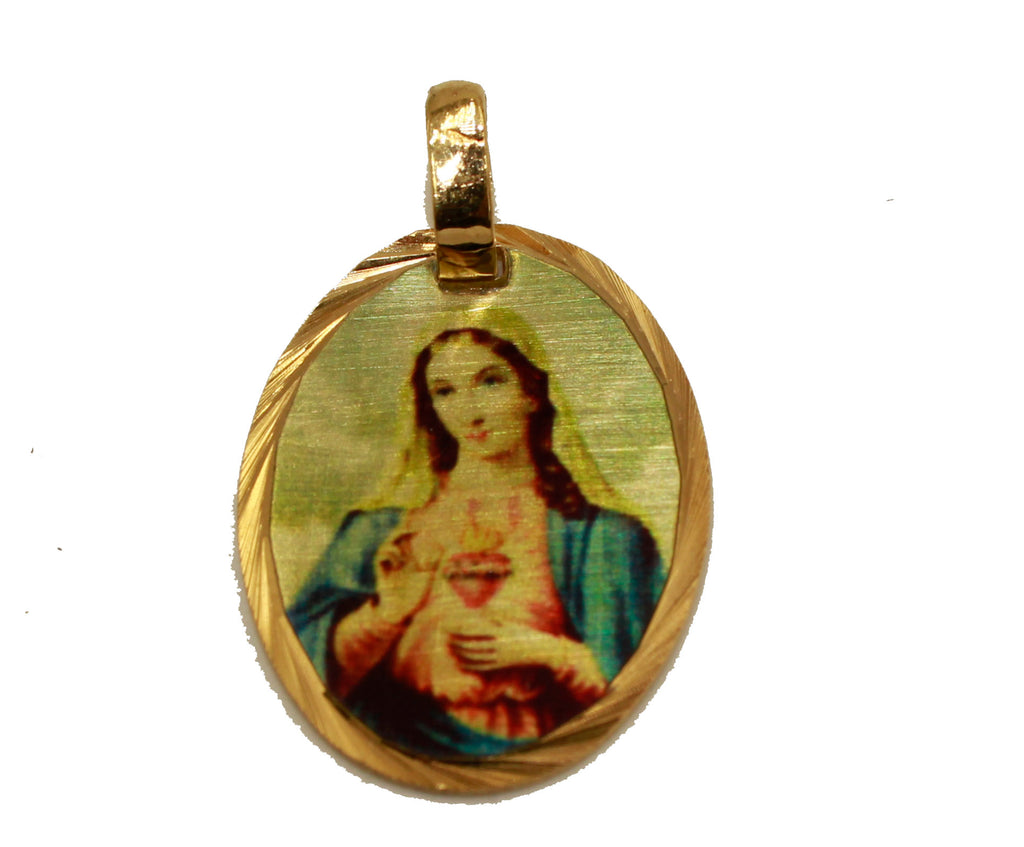 Dulce Corazon De Maria - Virgin Mary Heart 14k Gold Plated Medal with 18 Inch