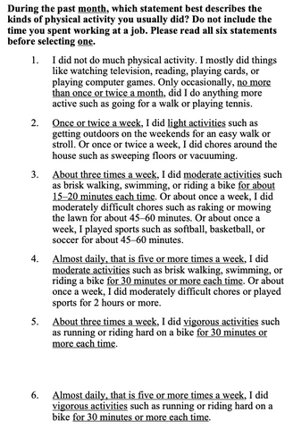 Stanford Leisure Time Activity Categorial Item