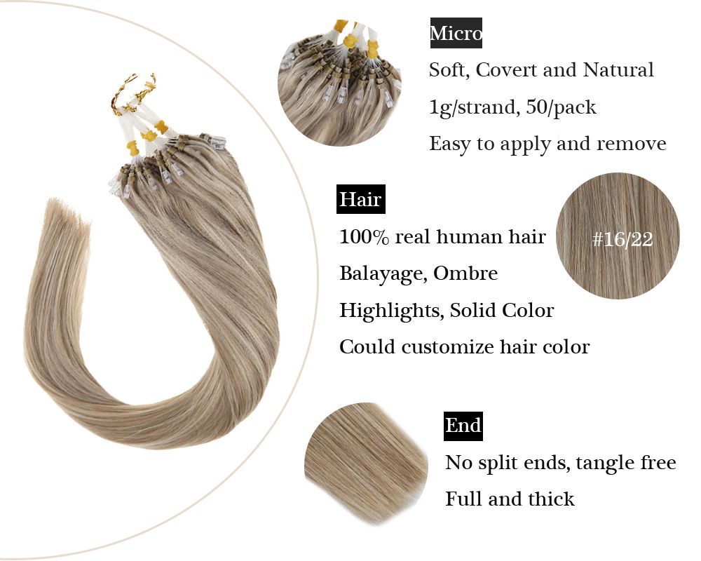 Micro Ring Beads Remy Human Hair Extensions Dark Ash Blonde with Medium ...