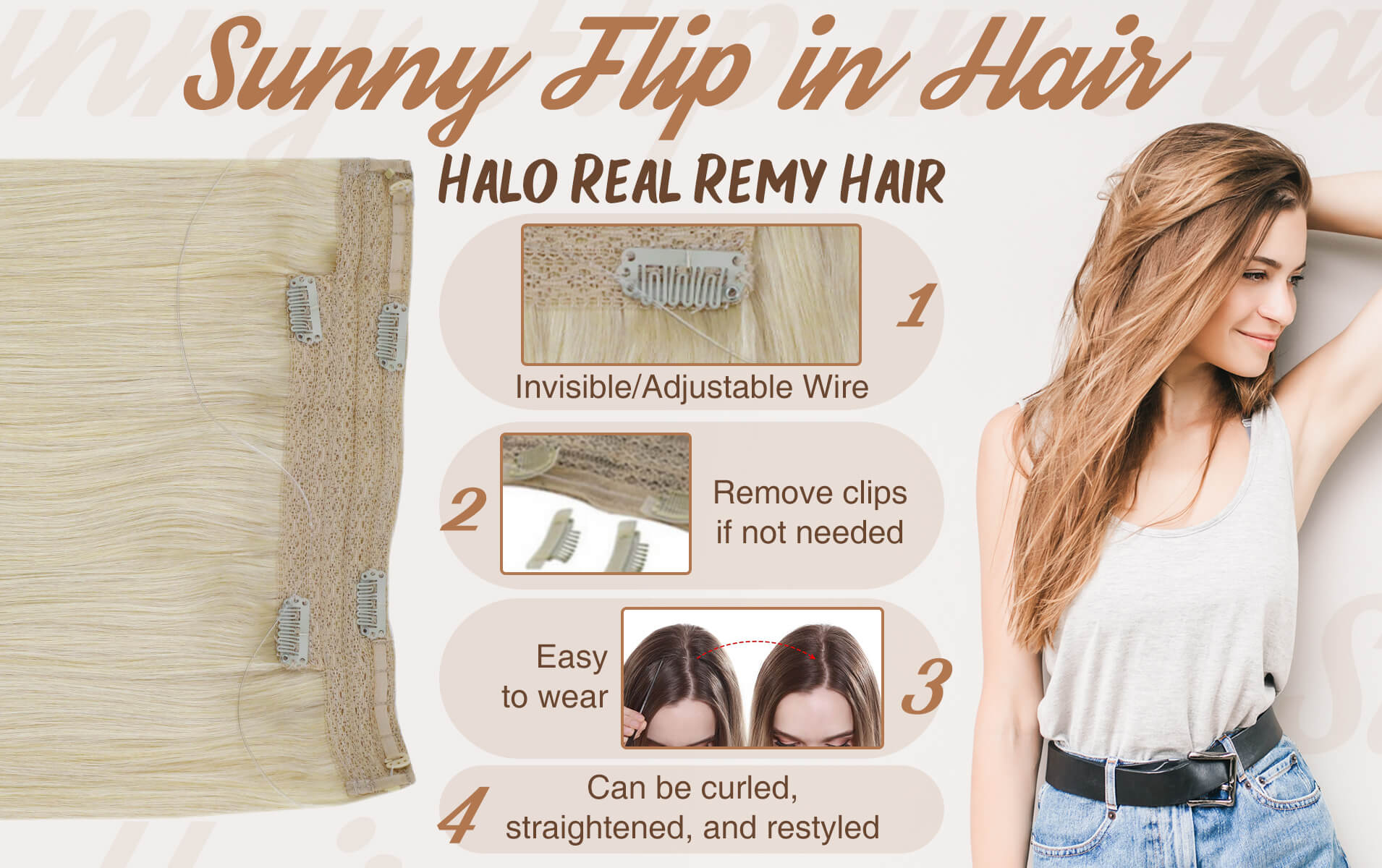 Sunny flip in human hair extensions halo human hair