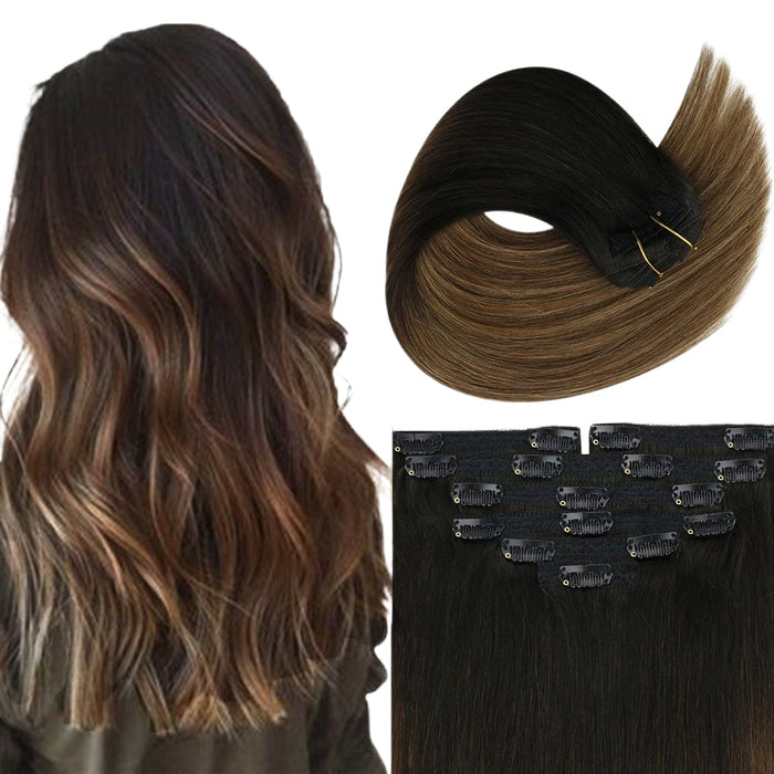 Natural Black Clip in Human Hair Extensions Balayage Color #1b/4/27 —  SunnyHair